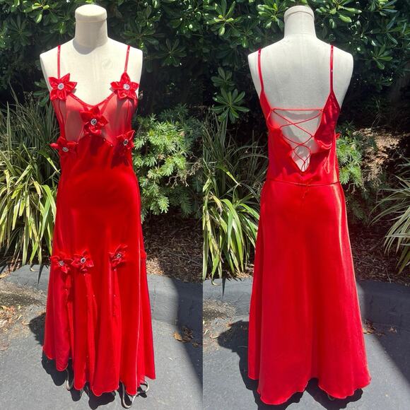 Vintage Dresses & Skirts - Vintage Y2K Red Satin Maxi Slip Dress Lace Up Rhinestones Lingerie